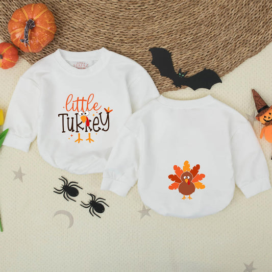 Little Turkey Retro Thanksgiving Baby Romper Orange Brown Cartoon Turkey Head Cute Baby Girl Outfit Soft Cotton Comfortable Holiday Gift
