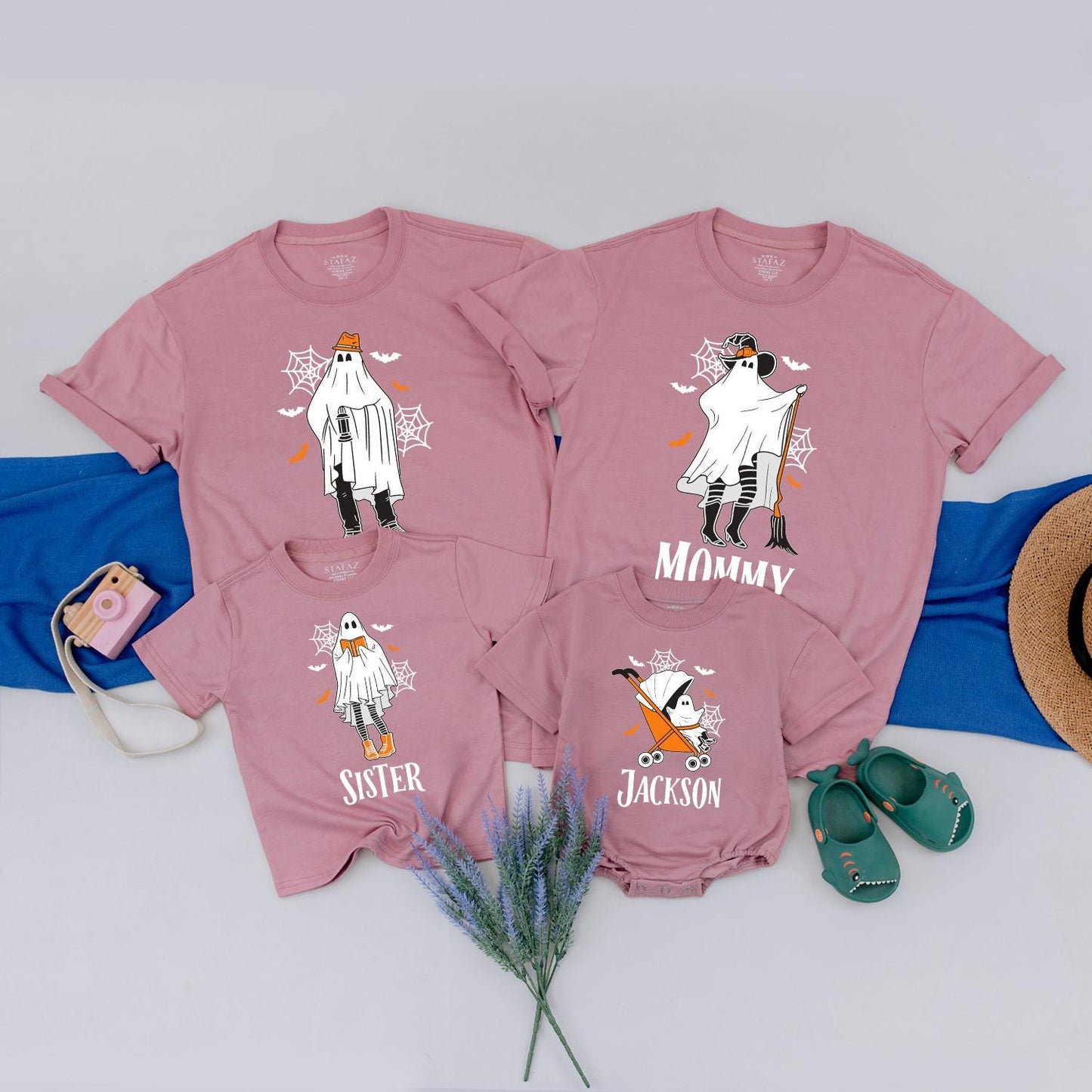 Spooky Ghost Family Matching Halloween Shirts, Personalized with Names - Cute Outfits for Kids and Adults, Fun Spooky Season Birthday Ghoul Tees