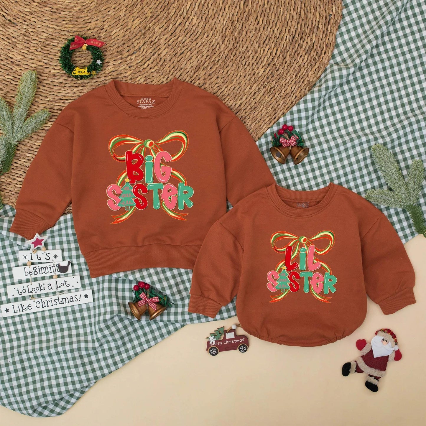 Christmas Matching Big Sister Lil Sister Sweatshirts Festive Bow Design Red Pink Green Holiday Sibling Announcement Baby Toddler Girl Gift