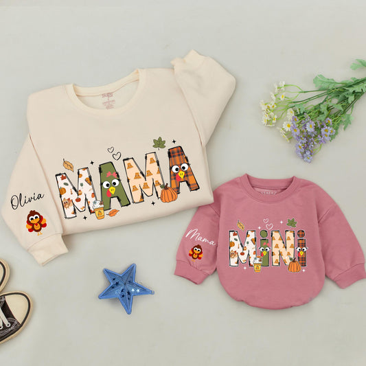 Personalized Mama Mini Thanksgiving Sweatshirts and Turkey Romper Fall Family Matching Outfit with Whimsical Autumnal Letter Designs