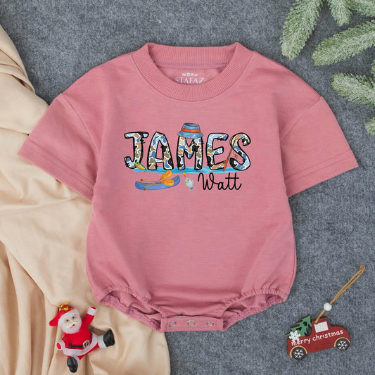 James Watt Fishing Adventure Romper: Southern Boy Style! Blue Camo Baby Bodysuit, Lures & Fish Design, Whimsical Personalized Outfit, Shower Gift 138