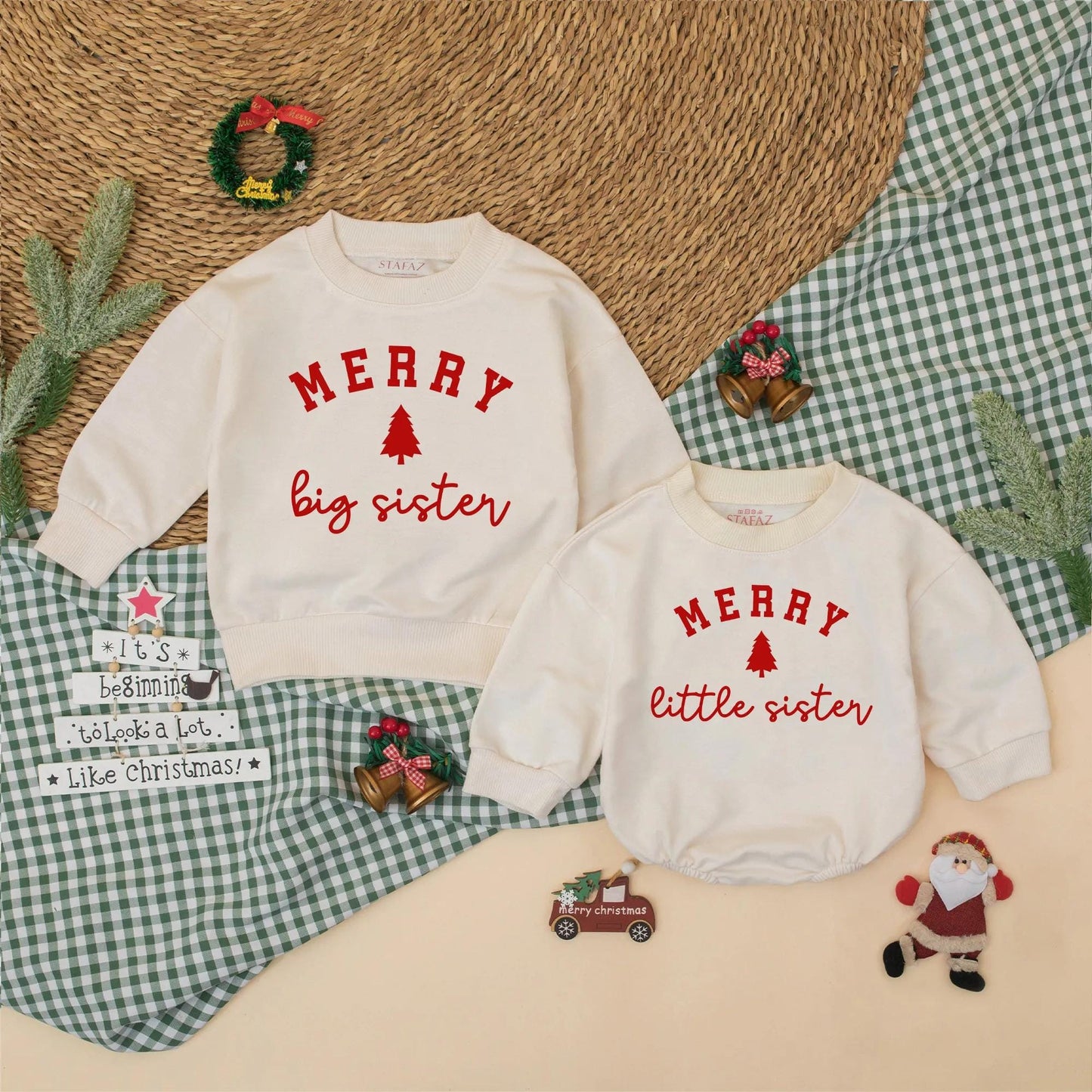 Merry Christmas Matching Family Sweatshirts Big Sister Little Sister Big Brother Outfits Red Tree Design Holiday Gift