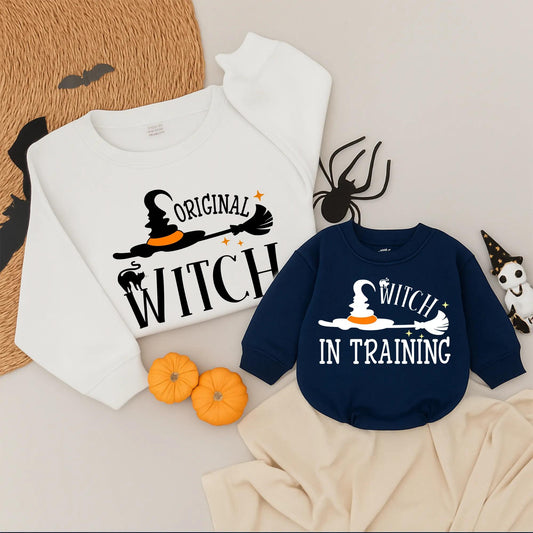 Witch Mama and Mini Halloween Sweatshirts Mommy and Me Matching Family Outfits Adorable Cartoon Witch Graphics Best Gift