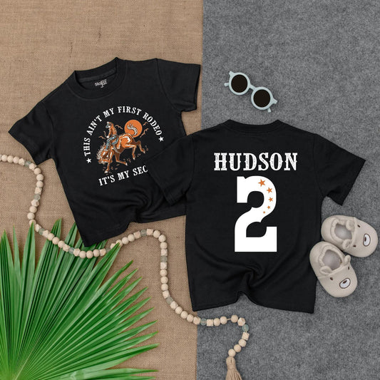 Personalized Toddler Boy 2nd Birthday This Ain't My First Rodeo It's My Second Western Cowboy Tee Gift Bucking Horse Sun Stars Brown Tones