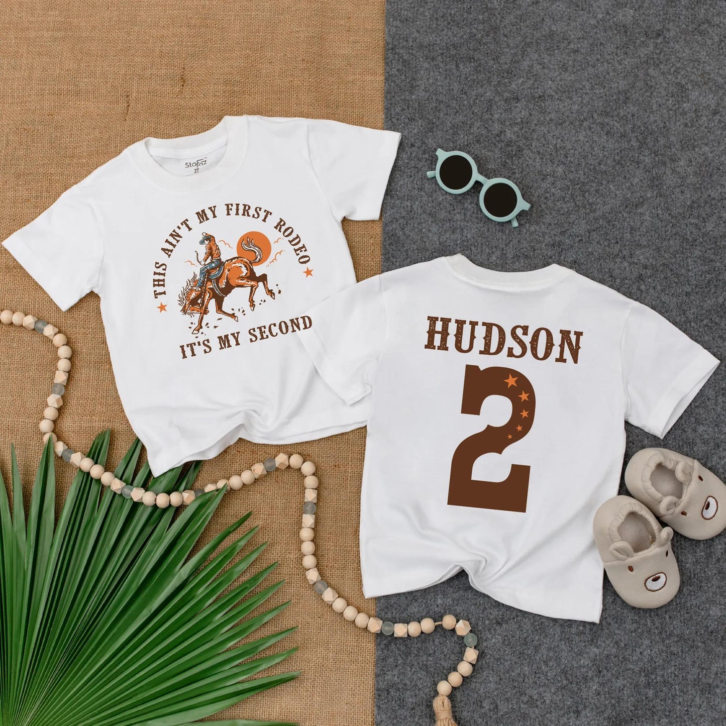 Personalized Toddler Boy 2nd Birthday This Ain't My First Rodeo It's My Second Western Cowboy Tee Gift Bucking Horse Sun Stars Brown Tones