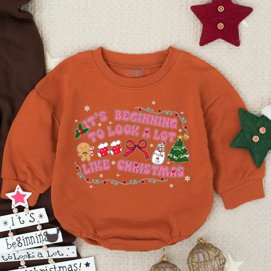 It's Beginning to Look a Lot Like Christmas Baby Romper Holiday Outfit Girl Boy Infant Clothes with Snowflakes, Gingerbread & Tree Design