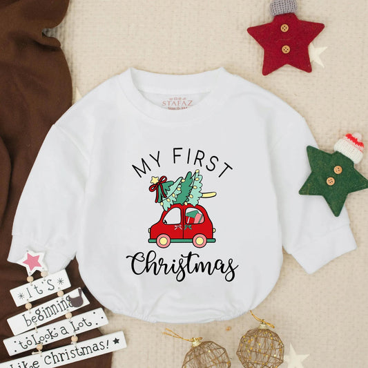 My First Christmas Baby Romper Outfit, Red Car with Tree, Girl's Festive Sweatshirt, Holiday Gift, Whimsical Christmas Baby Clothes 1st Xmas 138 chr