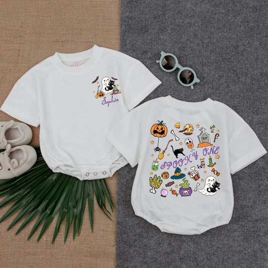 Personalized Baby Halloween Bubble Romper with Spooky Cartoon Graphics, Cute Ghost Pumpkin Cauldron Design, Spooky One Fall First Birthday Outfit