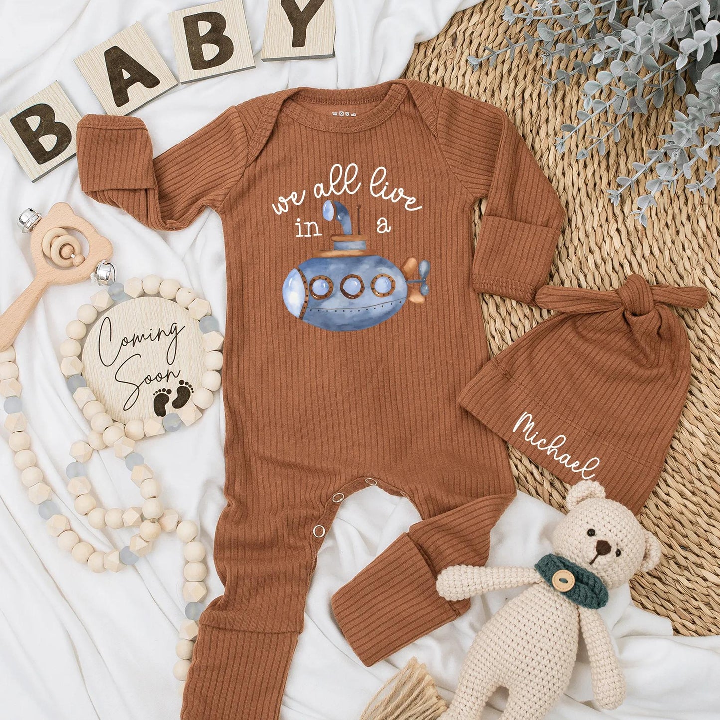 We All Live in a Submarine Baby Bodysuit Under The Sea Ocean Adventure Newborn Romper Baby Boy Clothes Whimsical Blue Brown Design