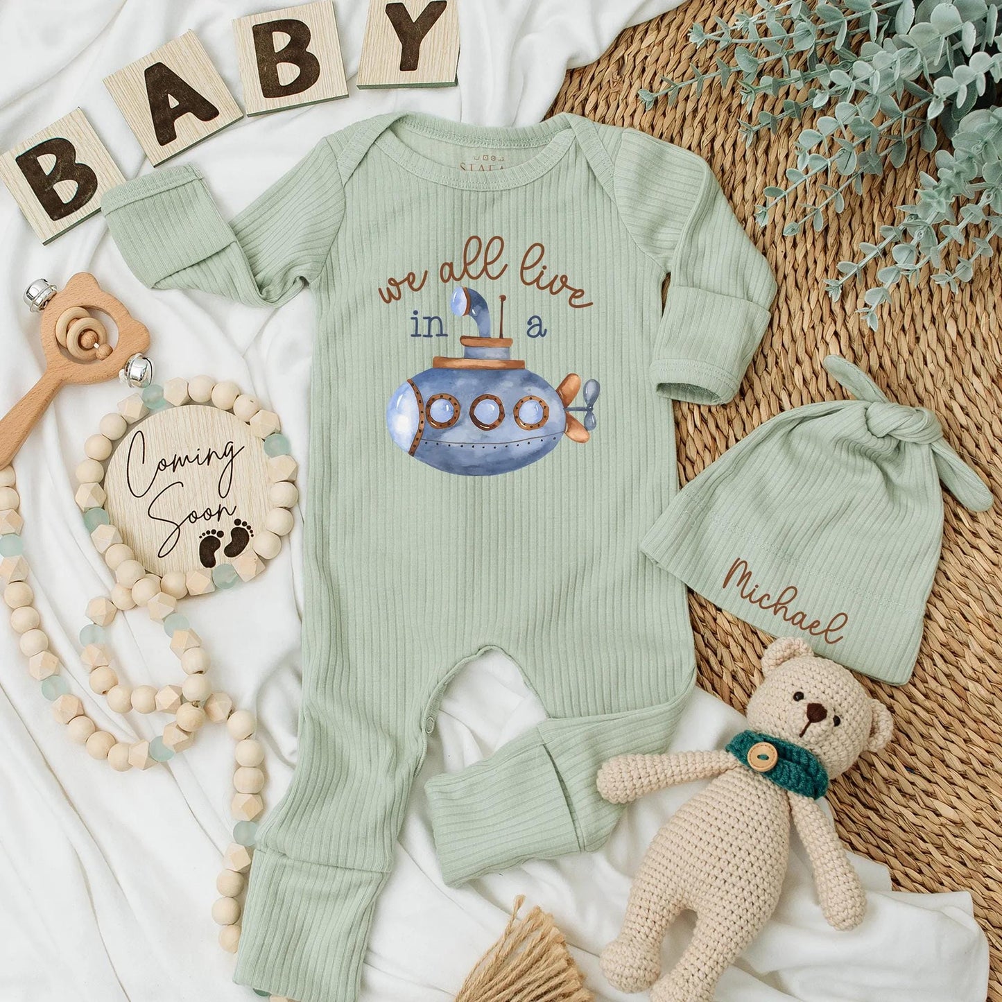 We All Live in a Submarine Baby Bodysuit Under The Sea Ocean Adventure Newborn Romper Baby Boy Clothes Whimsical Blue Brown Design