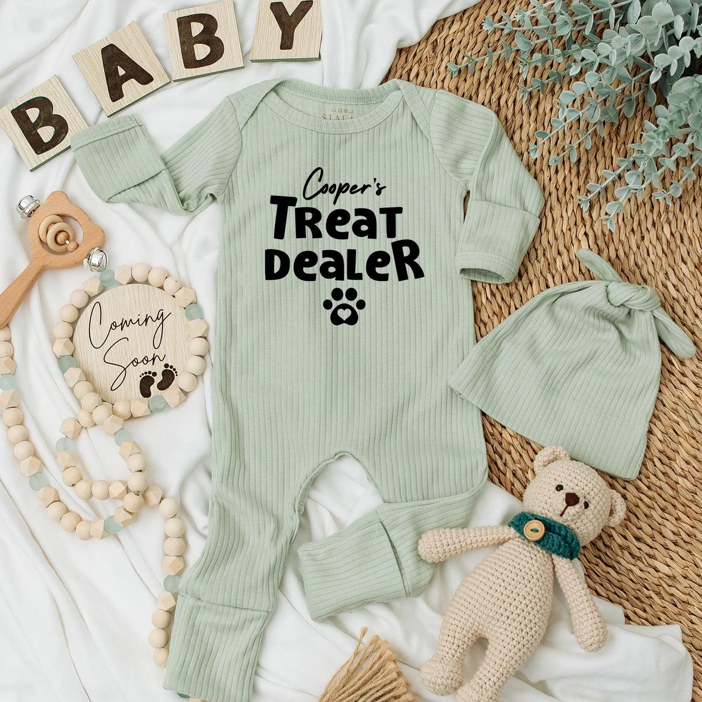 Cooper's Treat Dealer Baby Bodysuit, Funny Dog Lover Outfit, Paw Print Newborn Clothes, Personalized Gift for Pet Lovers, Treat Dealer, 134 chars