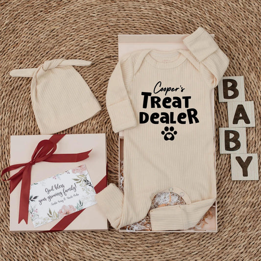 Cooper's Treat Dealer Baby Bodysuit, Funny Dog Lover Outfit, Paw Print Newborn Clothes, Personalized Gift for Pet Lovers, Treat Dealer, 134 chars