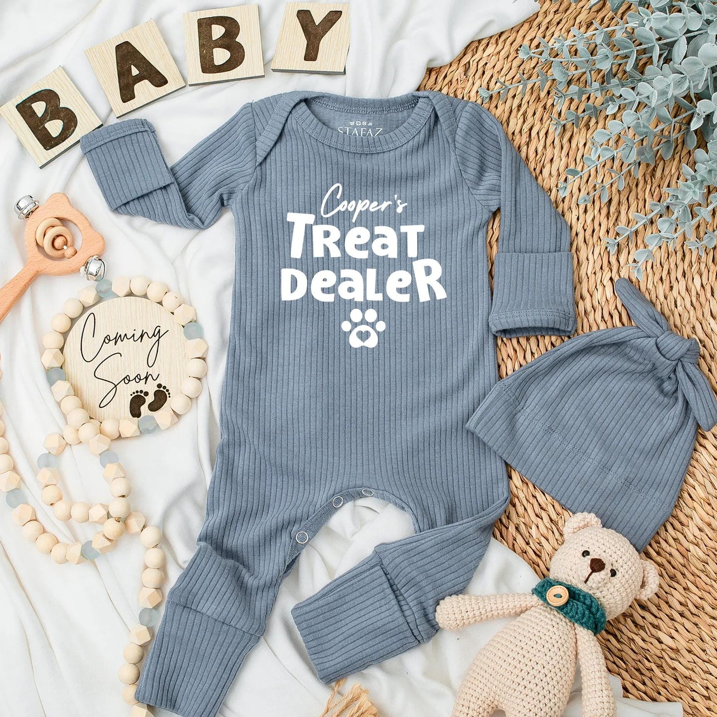 Cooper's Treat Dealer Baby Bodysuit, Funny Dog Lover Outfit, Paw Print Newborn Clothes, Personalized Gift for Pet Lovers, Treat Dealer, 134 chars