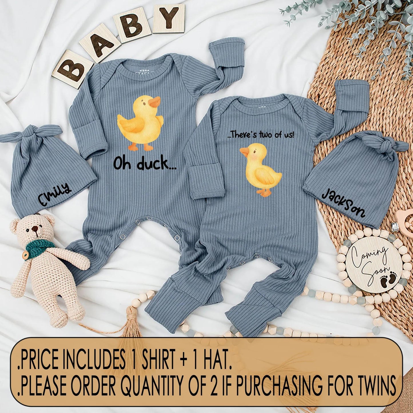 Cute Twin Baby Bodysuits Set: Oh Duck There's Two Of Us! Matching Newborn Outfits, Funny Chick Shower Gift Clothes, Unique Duckling Design (138 chars)