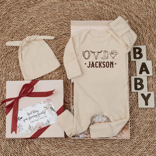 Personalized Western Baby Bodysuit Newborn Boy Name Jackson Rustic Cowboy Lasso Bull Skull Hat Boots Design Brown Stars Shower Gift
