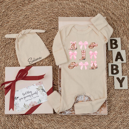 Personalized Watercolor Cowgirl Baby Bodysuit Cute Pink Bow Western Newborn Girl Outfit New Cowgirl In Town Soft Country Style