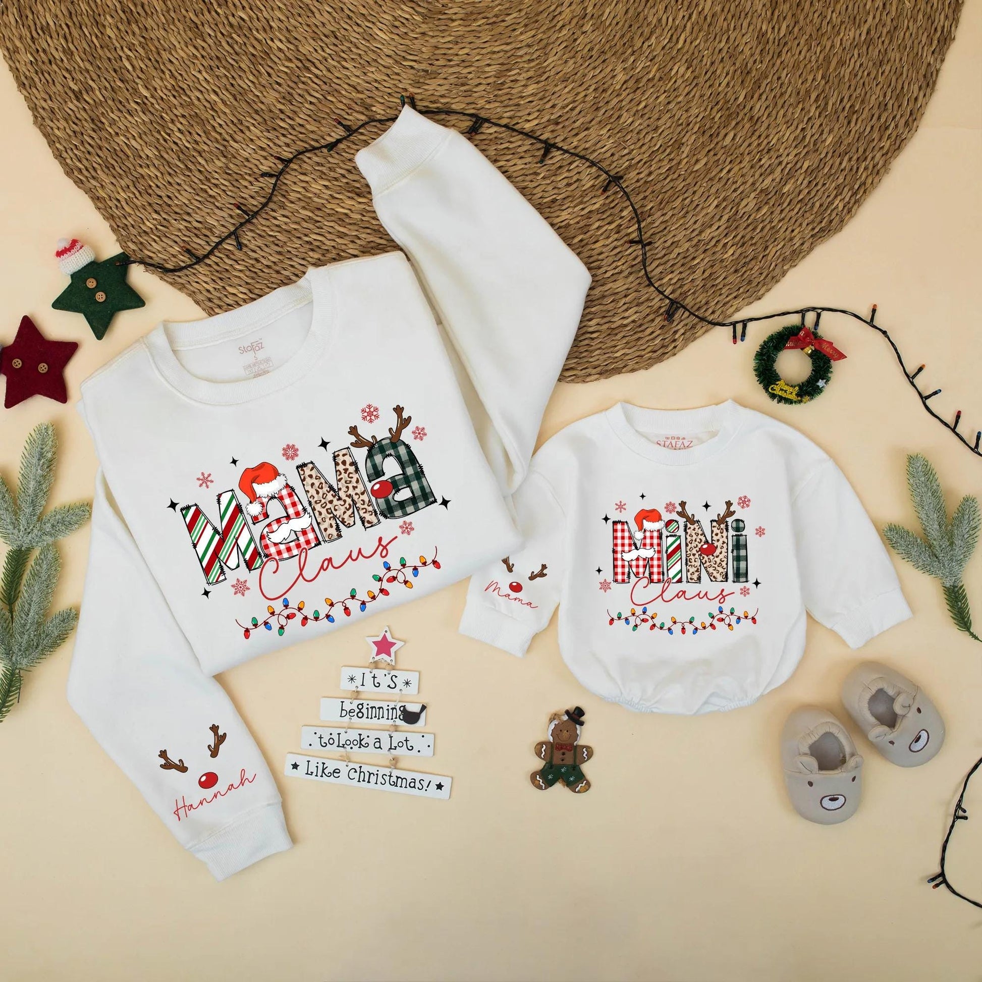 Mama Claus Mini Claus Matching Christmas Sweatshirt Cute Retro Holiday Family Outfits Mommy and Me Gift Personalized for Baby and Mom