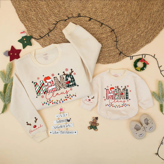 Mama Claus Mini Claus Matching Christmas Sweatshirt Cute Retro Holiday Family Outfits Mommy and Me Gift Personalized for Baby and Mom