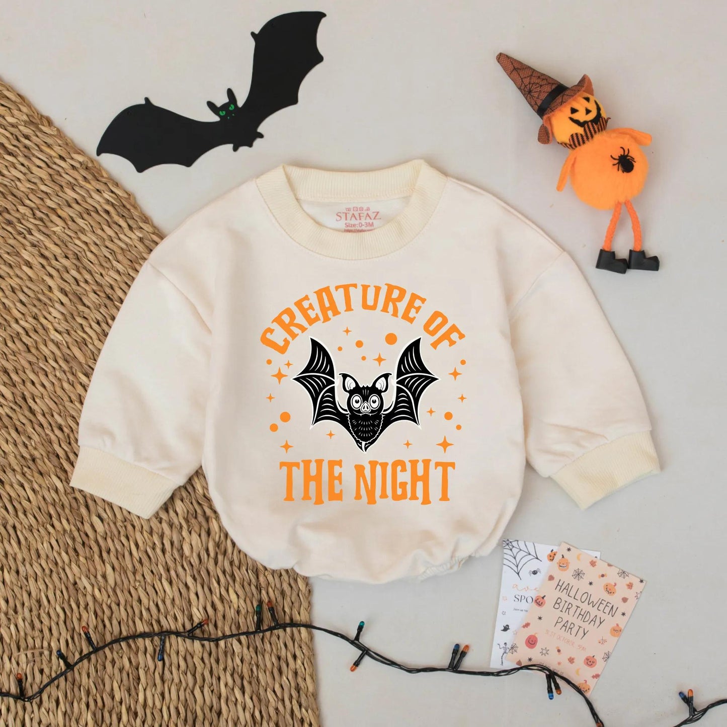 Spooky Cute Creature of The Night Halloween Baby Romper, Funny Bat Bodysuit First Halloween Outfit, Playful Halloween Gift Idea 136 chars
