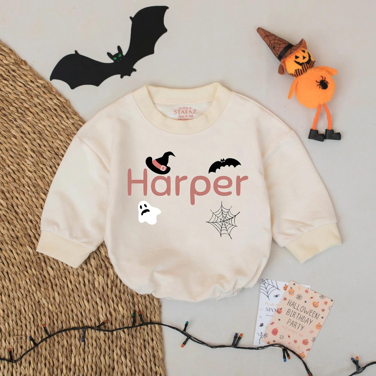 Custom Harper Halloween Baby Romper with Witch Hat & Bat | Retro Spooky Season Outfit for Baby Girl & Boy | First Halloween Gift
