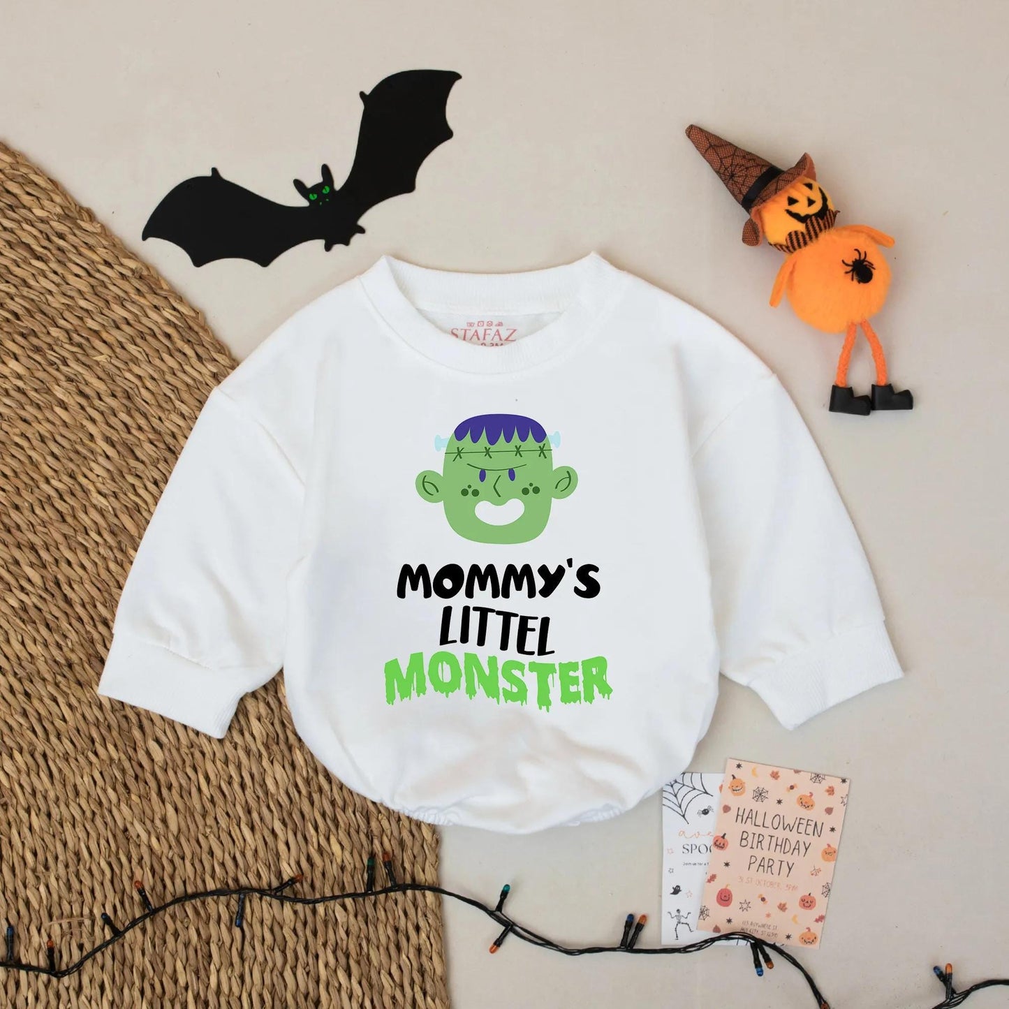 Mommy's Little Monster Halloween Baby Romper, Cute Frankenstein Outfit, Retro First Halloween Bodysuit, Playful Cartoon Costume, Baby Shower Gift Idea (139 chars)