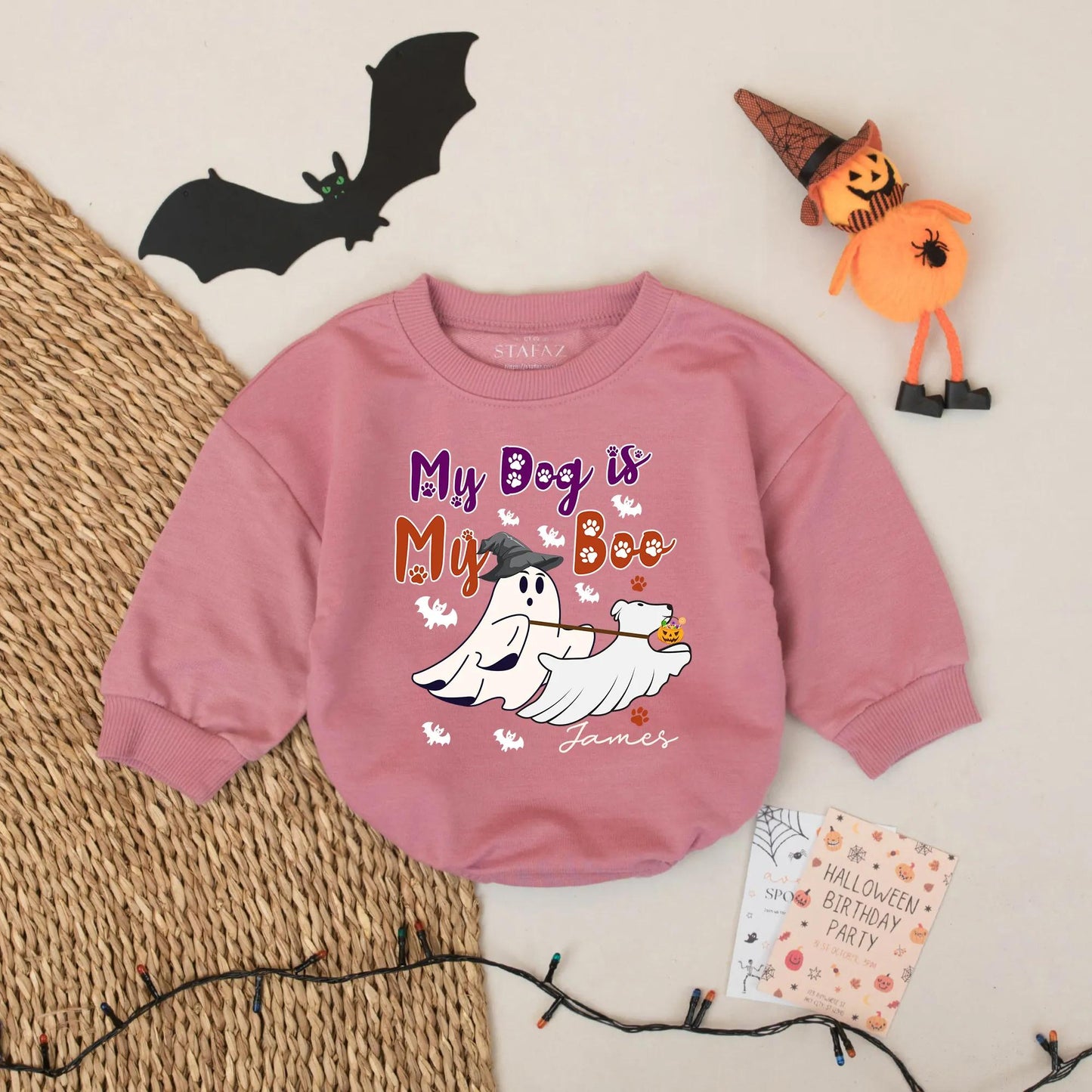 Custom Name My Dog is My Boo Halloween Baby Romper First Halloween Bodysuit Boy Outfit Whimsical Ghost Dog Paw Print Purple Orange Cute Infant Gift