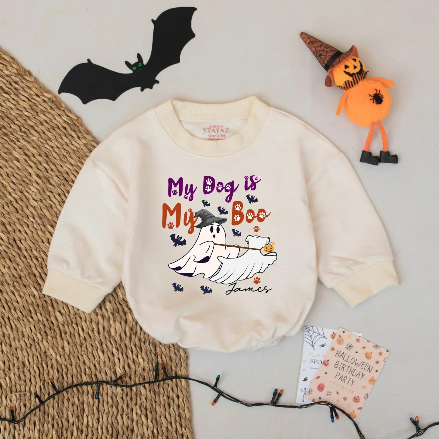 Custom Name My Dog is My Boo Halloween Baby Romper First Halloween Bodysuit Boy Outfit Whimsical Ghost Dog Paw Print Purple Orange Cute Infant Gift