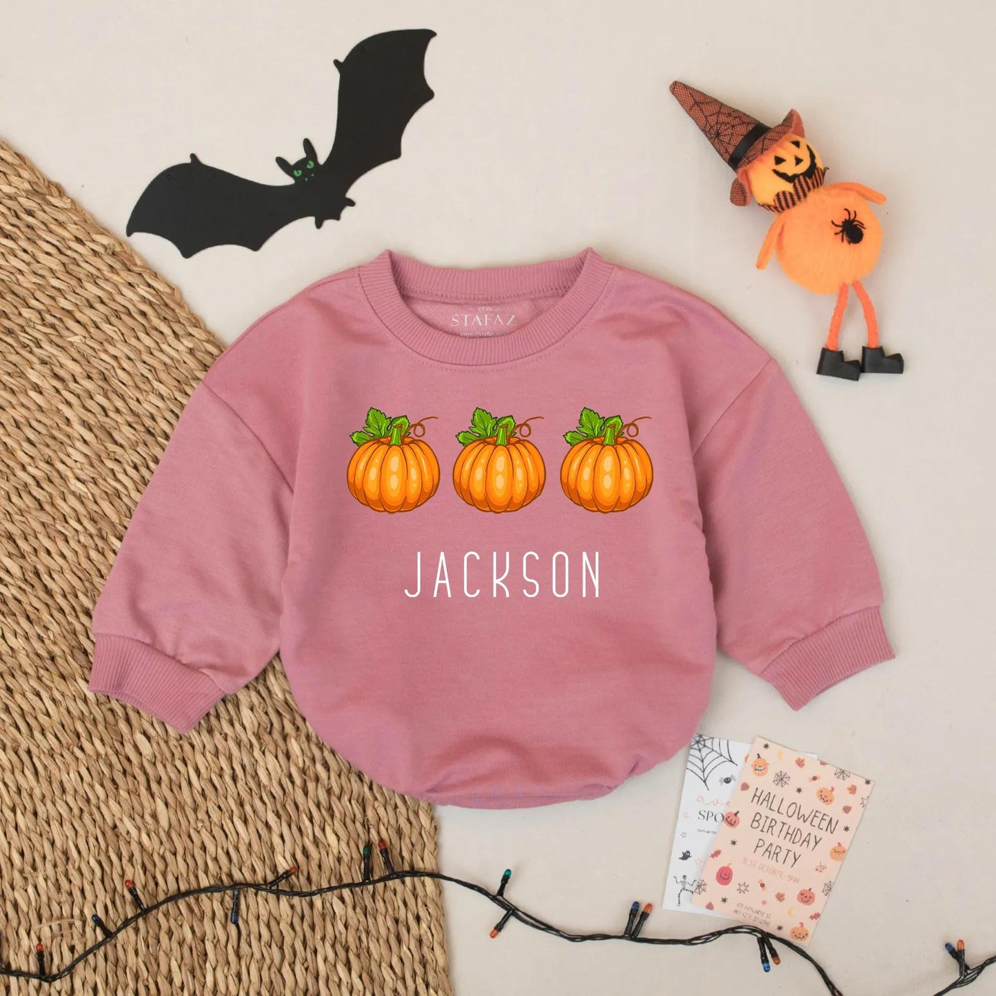 Custom Jackson Pumpkin Romper Baby Boy Halloween Outfit First Birthday Fall Season Coming Home Baby Gift