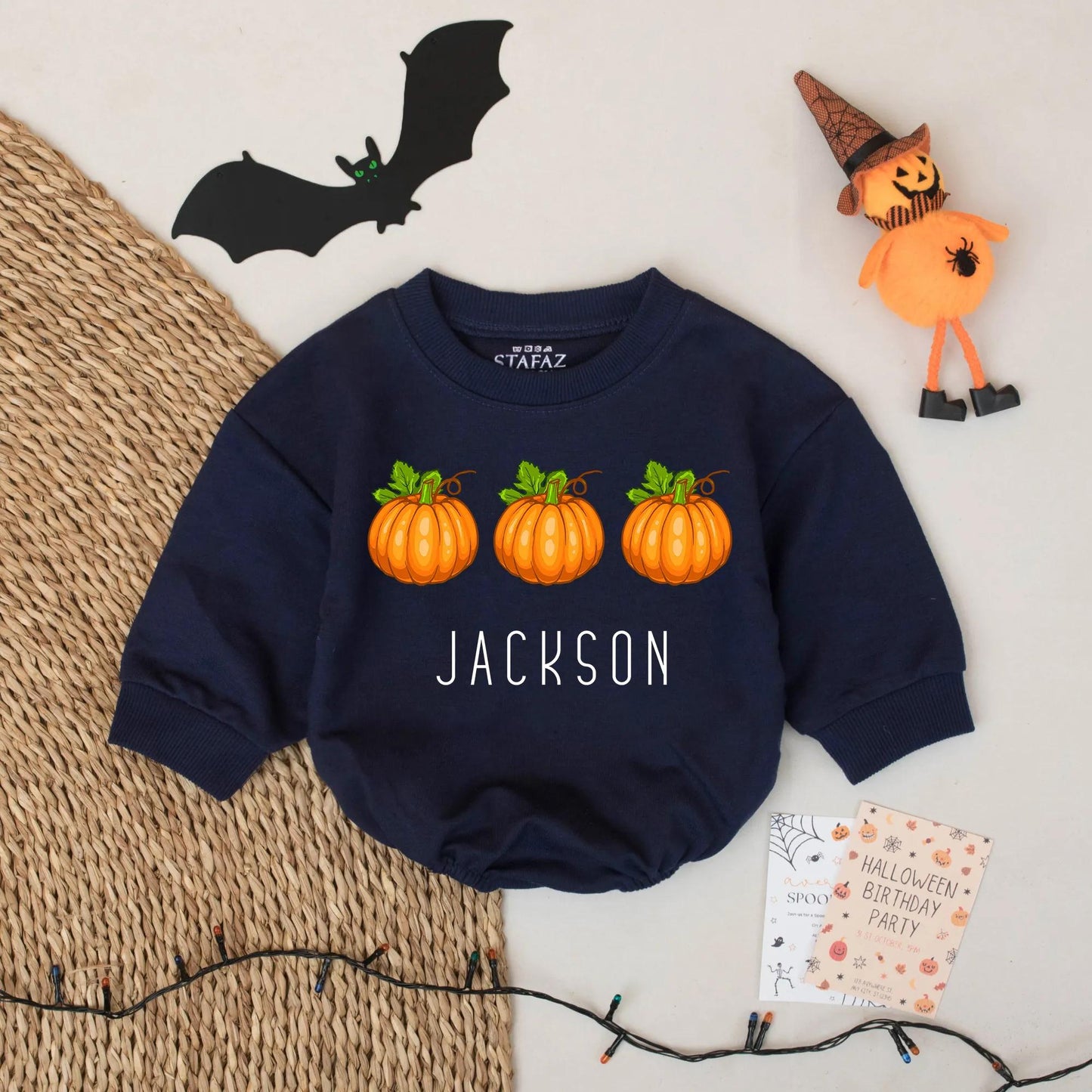 Custom Jackson Pumpkin Romper Baby Boy Halloween Outfit First Birthday Fall Season Coming Home Baby Gift