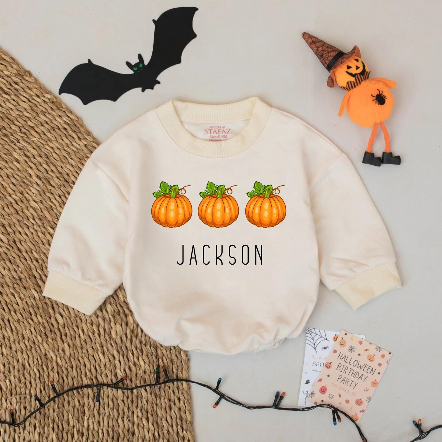 Custom Jackson Pumpkin Romper Baby Boy Halloween Outfit First Birthday Fall Season Coming Home Baby Gift