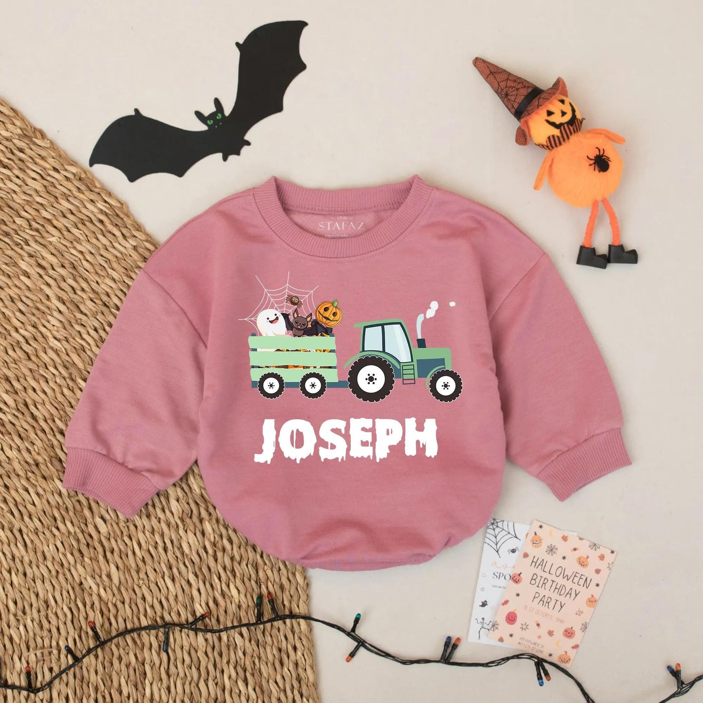 Custom Joseph Halloween Tractor Romper Baby Boy Green Spooky Wagon Ghost Bat Pumpkin Spiderweb Design First Birthday Coming Home Outfit Thanksgiving Gift