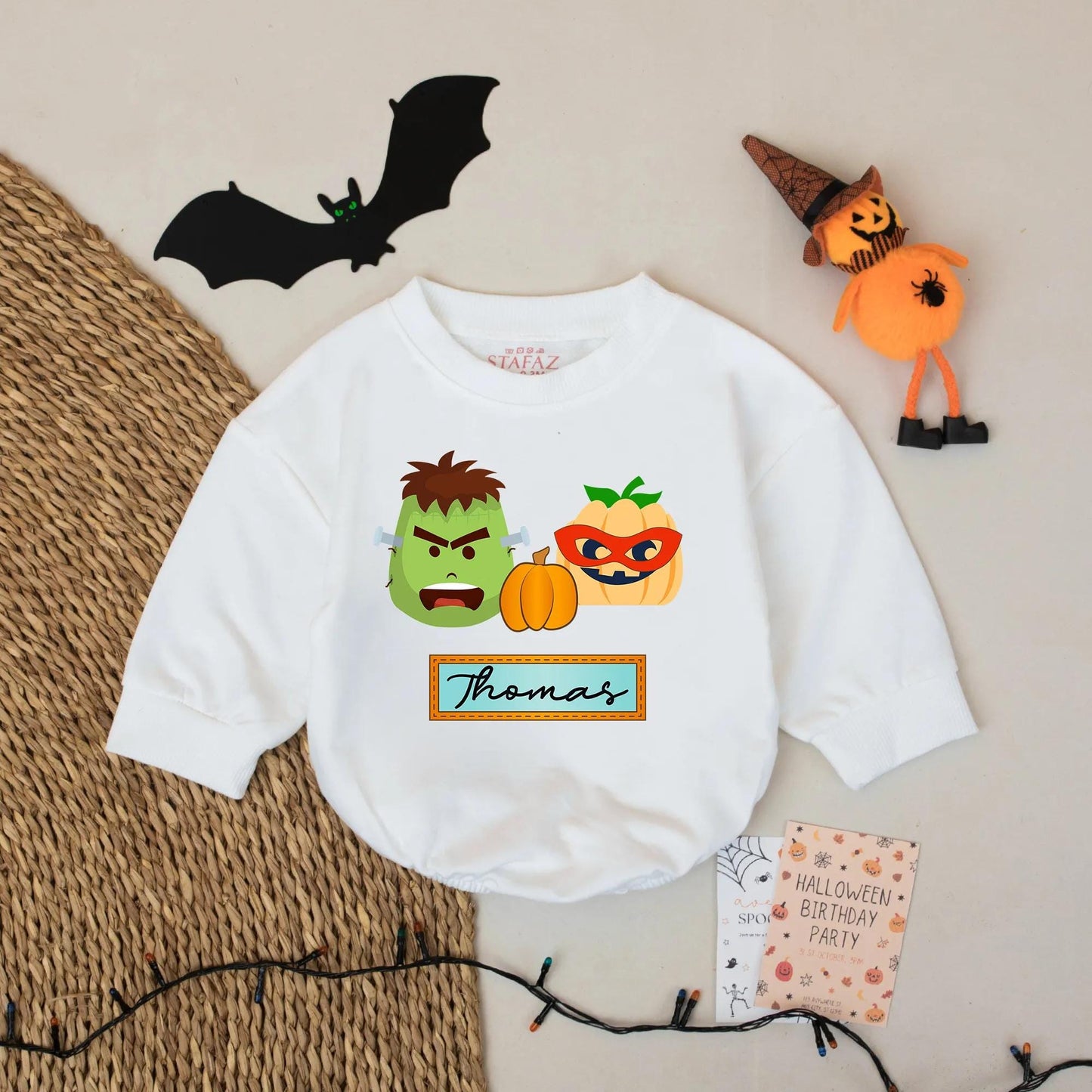 Custom Baby Boy Halloween Romper with Playful Frankenstein Pumpkin Graphics Thomas Name Design Funny Spooky Holiday Gift