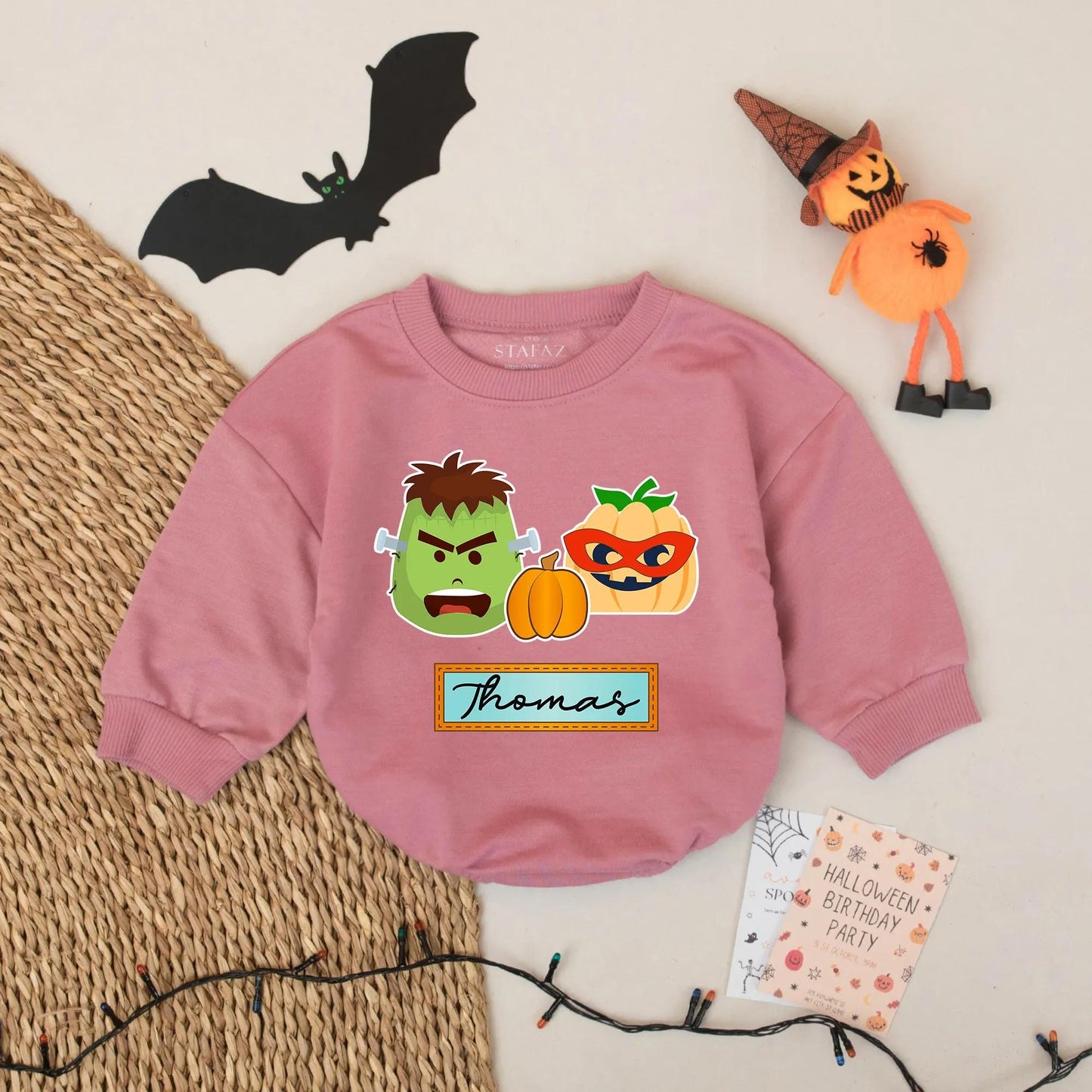 Custom Baby Boy Halloween Romper with Playful Frankenstein Pumpkin Graphics Thomas Name Design Funny Spooky Holiday Gift