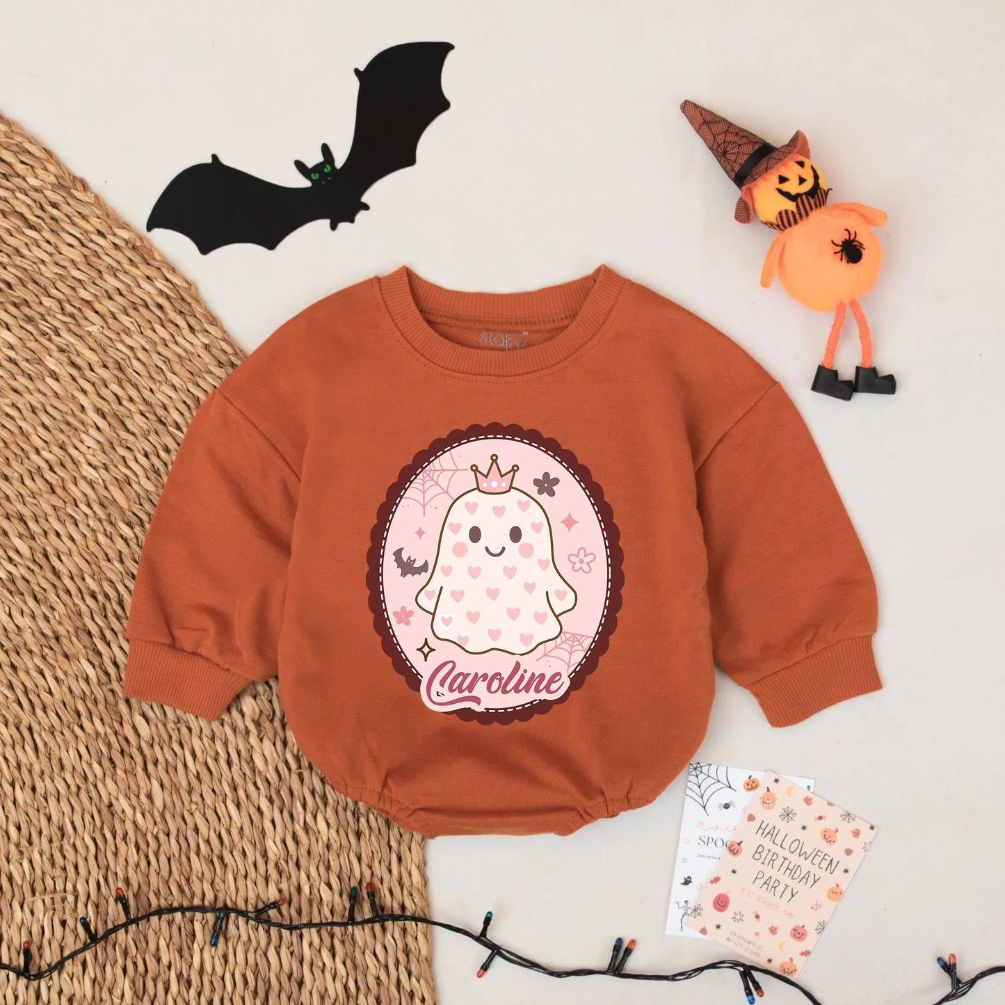 Custom Caroline Ghost Baby Romper Halloween Outfit for Baby Girl with Pink Scalloped Frame, Cute First Halloween Gift