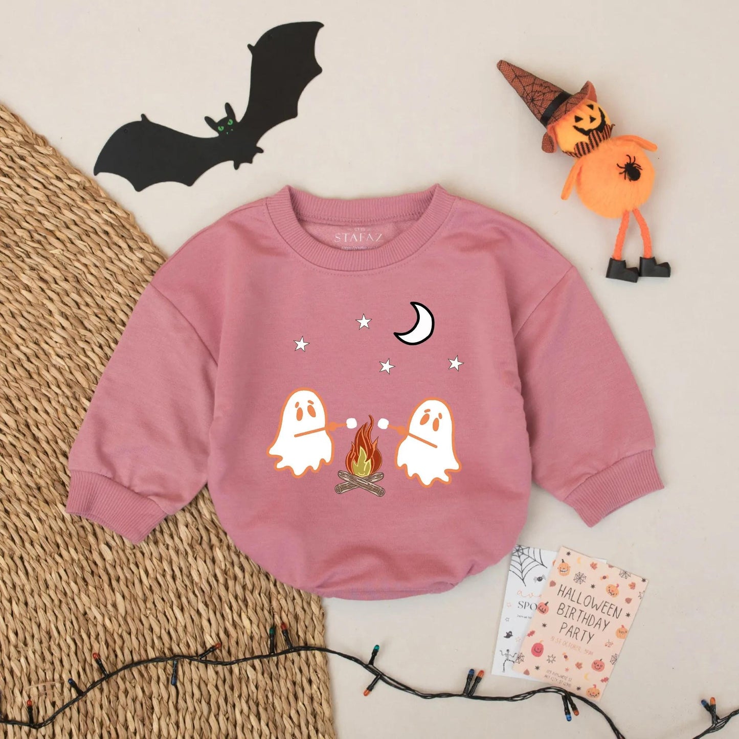 Ghost Camping Baby Romper Cute Halloween Design with Stars Moon and Campfire Fun Baby Clothes for First Halloween and Coming Home Outfits