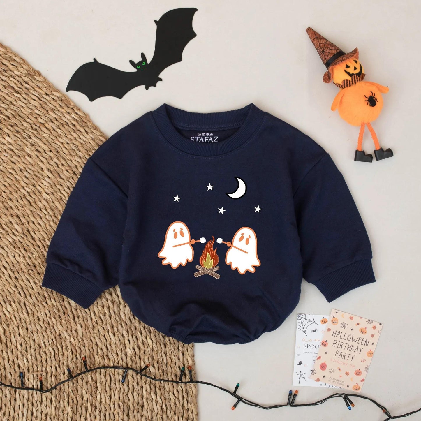 Ghost Camping Baby Romper Cute Halloween Design with Stars Moon and Campfire Fun Baby Clothes for First Halloween and Coming Home Outfits