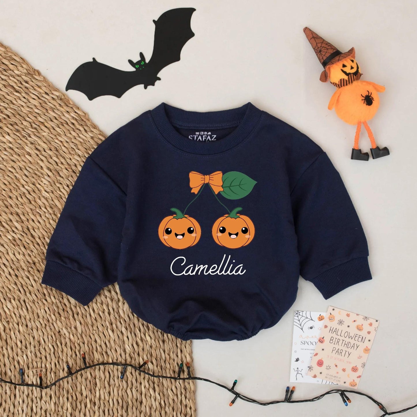 Cute Cherry Pumpkin Halloween Romper Baby Girl First Birthday Outfit Custom Camellia Name Bodysuit