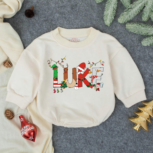 Luke's Christmas Lights Romper: Personalized Baby Boy Holiday Outfit, Festive Xmas Bodysuit with Elf, Reindeer & Santa Design, Cute Winter Gift Idea (136)