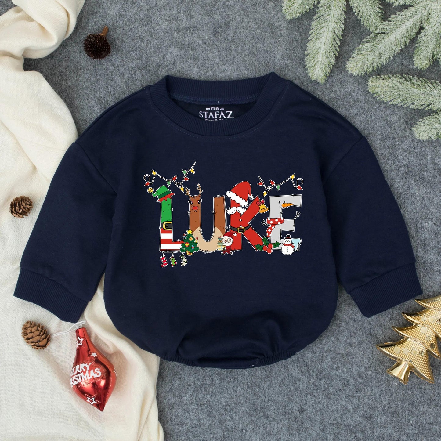 Luke's Christmas Lights Romper: Personalized Baby Boy Holiday Outfit, Festive Xmas Bodysuit with Elf, Reindeer & Santa Design, Cute Winter Gift Idea (136)