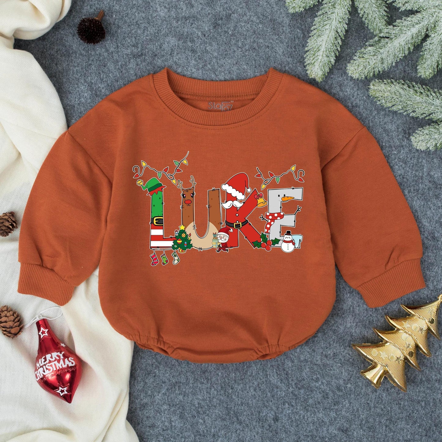 Luke's Christmas Lights Romper: Personalized Baby Boy Holiday Outfit, Festive Xmas Bodysuit with Elf, Reindeer & Santa Design, Cute Winter Gift Idea (136)