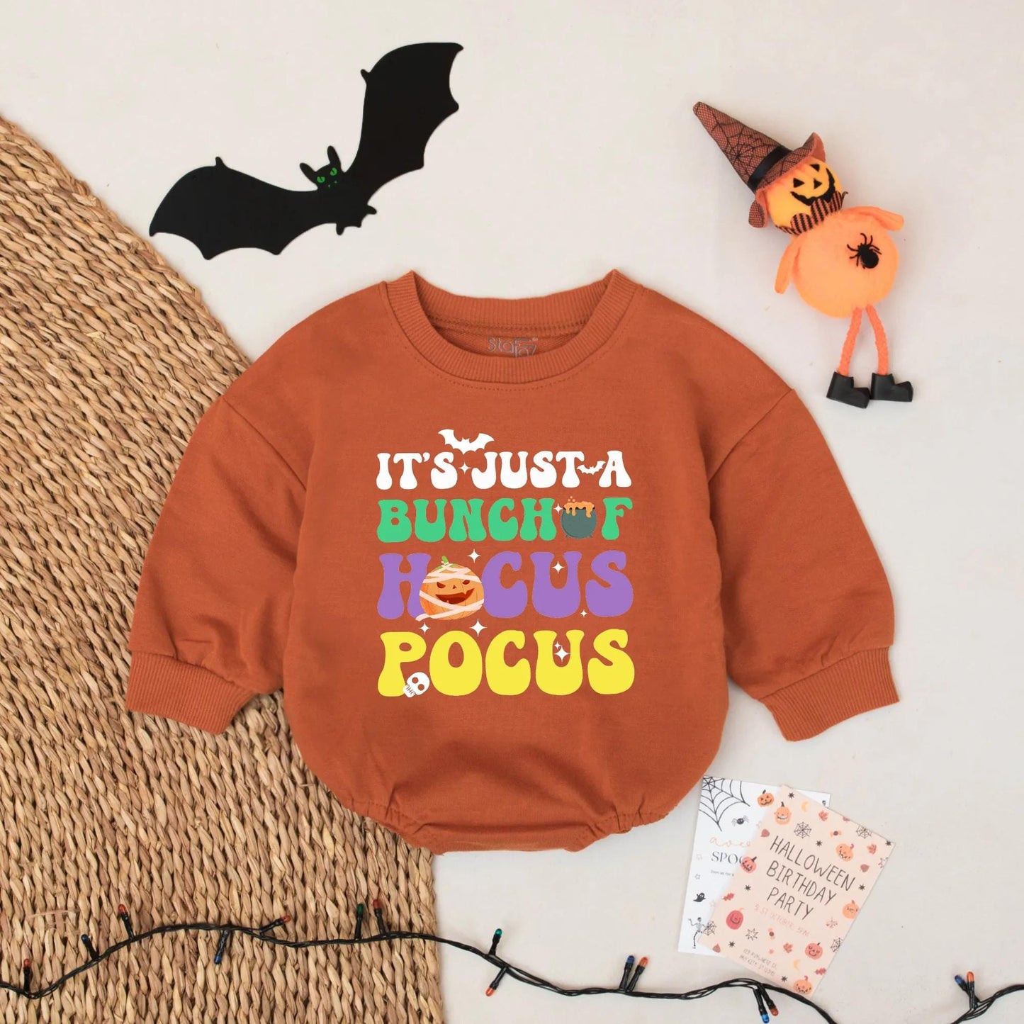 It's Just a Bunch of Hocus Pocus Halloween Baby Romper Retro Orange Purple Green Pumpkin Bat Mummy Skull Festive First Birthday Outfit