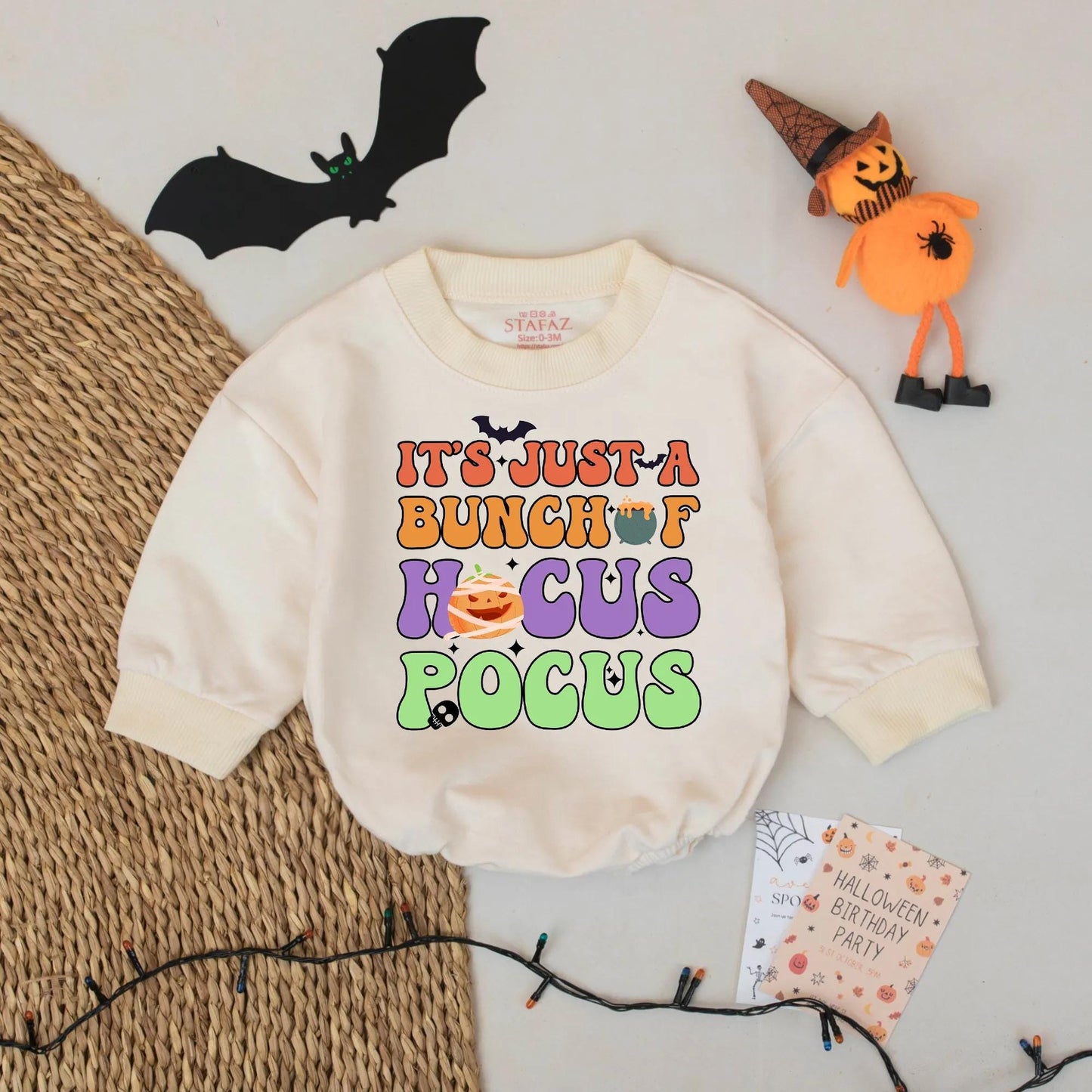 It's Just a Bunch of Hocus Pocus Halloween Baby Romper Retro Orange Purple Green Pumpkin Bat Mummy Skull Festive First Birthday Outfit