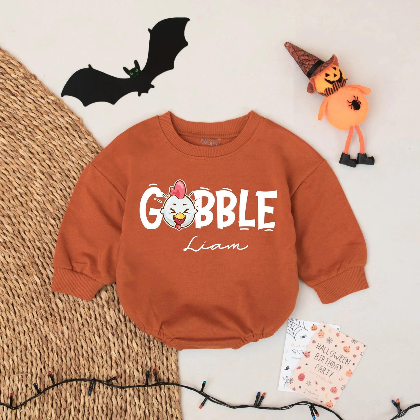 Personalized Gobble Baby Boy Romper with Winking Chicken and Liam Name Thanksgiving Turkey Bodysuit Coming Home Outfit Gift Ideas