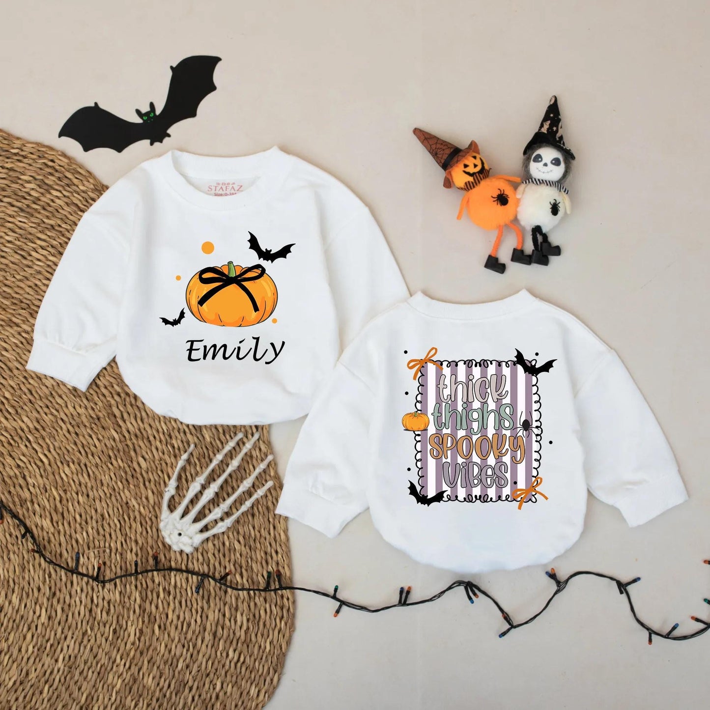 Custom Emily Pumpkin Halloween Baby Romper, Thick Thighs Spooky Vibes Bodysuit Girl, Cute Bat Design, Coming Home Outfit, Baby Gift