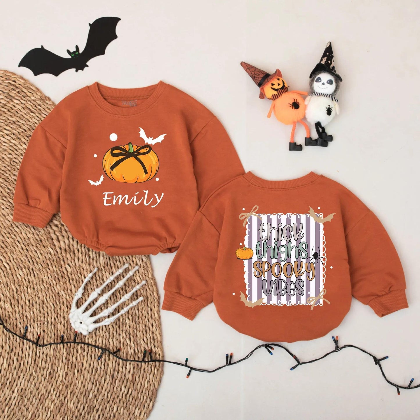 Custom Emily Pumpkin Halloween Baby Romper, Thick Thighs Spooky Vibes Bodysuit Girl, Cute Bat Design, Coming Home Outfit, Baby Gift