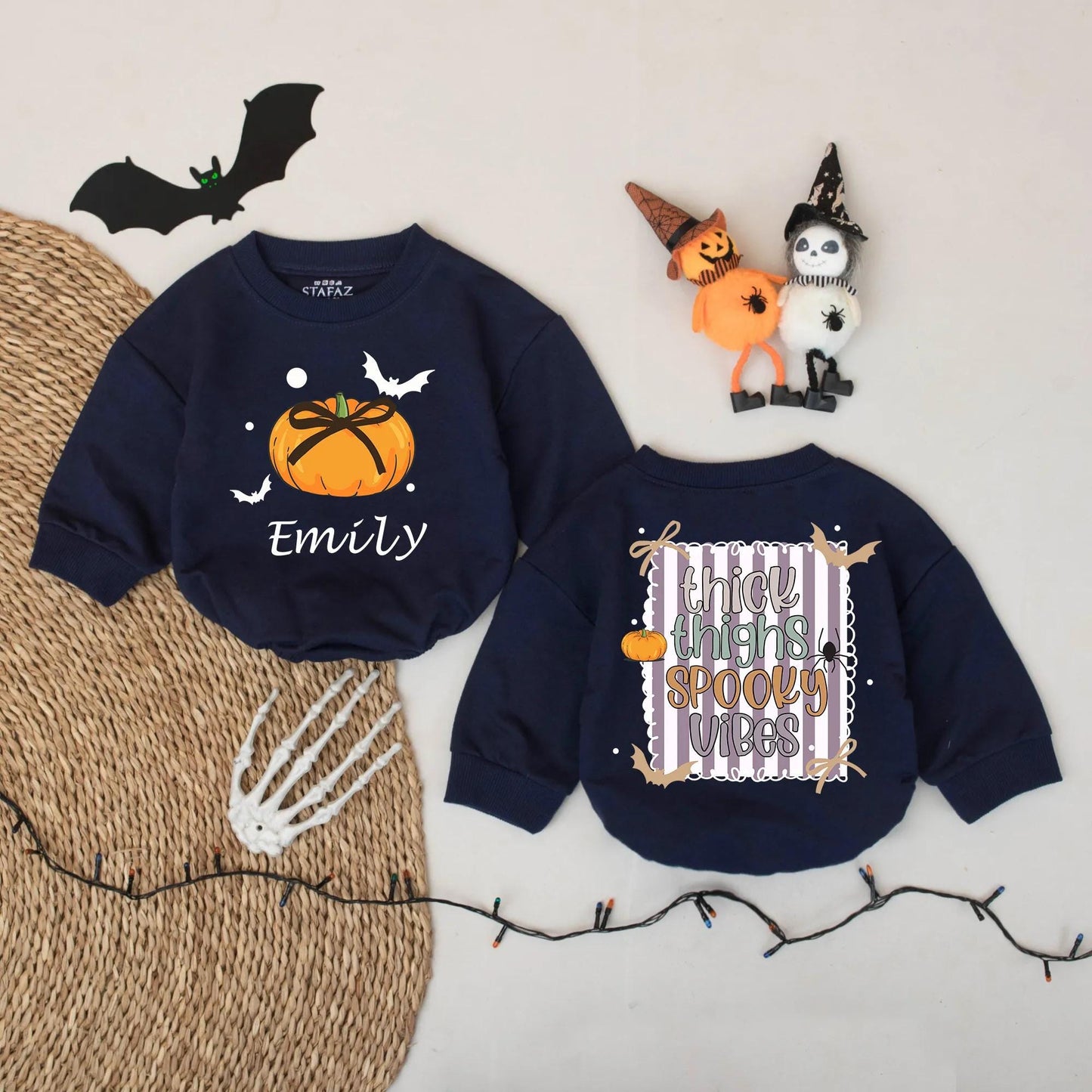 Custom Emily Pumpkin Halloween Baby Romper, Thick Thighs Spooky Vibes Bodysuit Girl, Cute Bat Design, Coming Home Outfit, Baby Gift