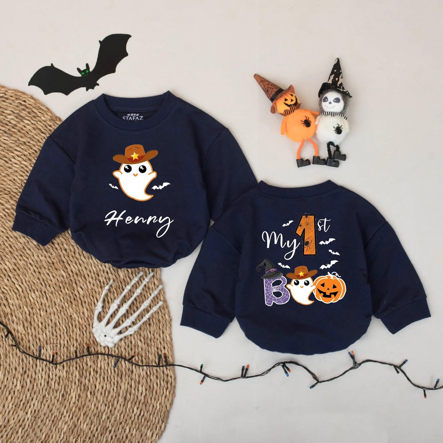 My First Boo Baby Halloween Romper - Cowboy Ghost Custom Bodysuit, Cute Halloween Outfit for Baby Boy, Coming Home Outfit, Halloween Gift Idea 135 Chars