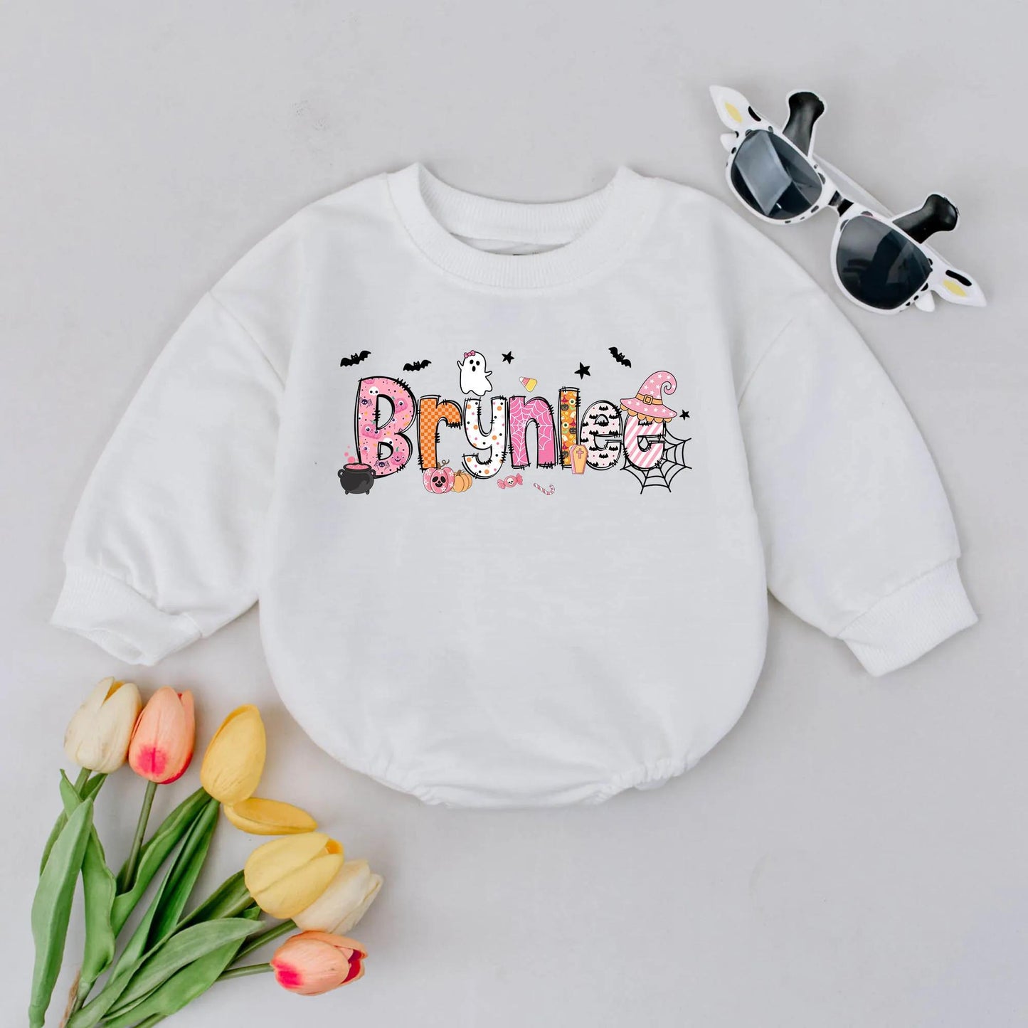 Bryniee Halloween Baby Romper Custom Name Cute Ghost Bats Candy Corn Fall Spooky Season Outfit Personalized First Halloween Gift