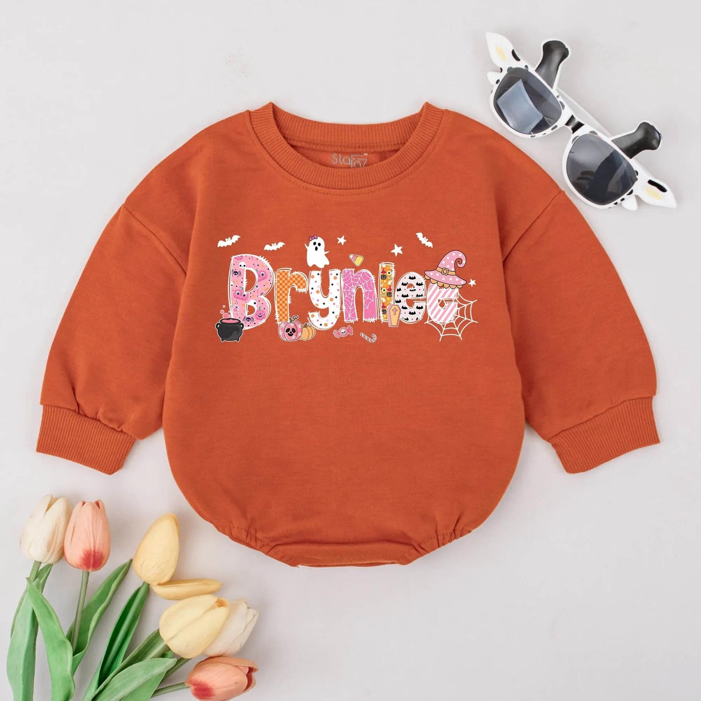 Bryniee Halloween Baby Romper Custom Name Cute Ghost Bats Candy Corn Fall Spooky Season Outfit Personalized First Halloween Gift