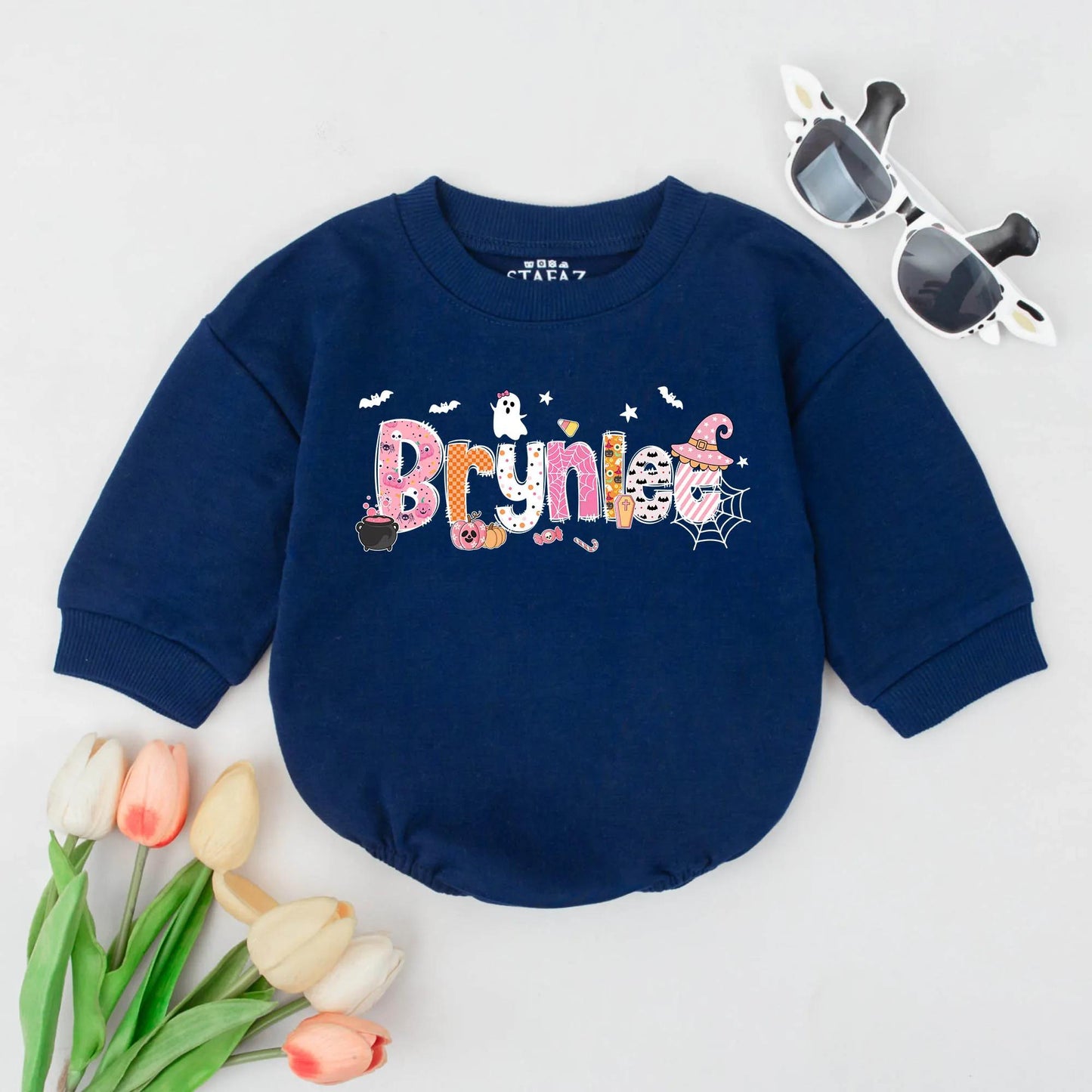 Bryniee Halloween Baby Romper Custom Name Cute Ghost Bats Candy Corn Fall Spooky Season Outfit Personalized First Halloween Gift